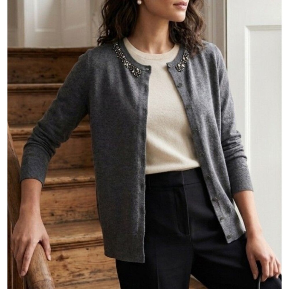 Ann Taylor Size L Beaded Cardigan Sweater Gray Rhinestone Collar Coquette Chic
